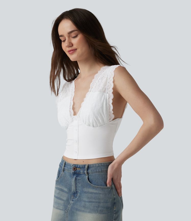 Ribbed Knit V Neck Contrast Lace Casual Tank Top