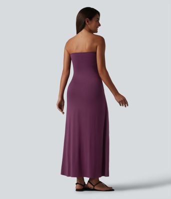 Tube Ruched Built-in Bra Maxi Casual Dress with Pockets