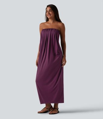 Tube Ruched Built-in Bra Maxi Casual Dress with Pockets
