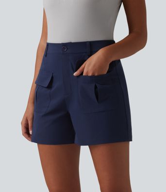 Office shorts made of elastic poplin with a mid-rise waist and side pockets - 10.2 cm