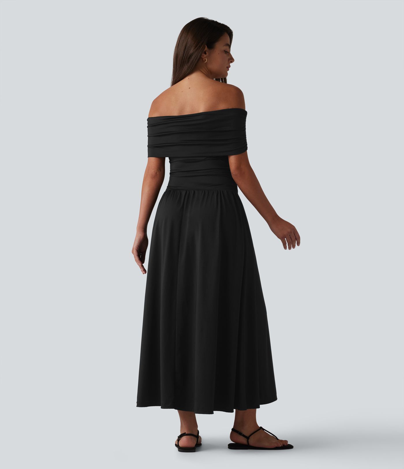 Off-shoulder Tummy Control Ruched Built-in Bra Maxi Flowy Casual Dress