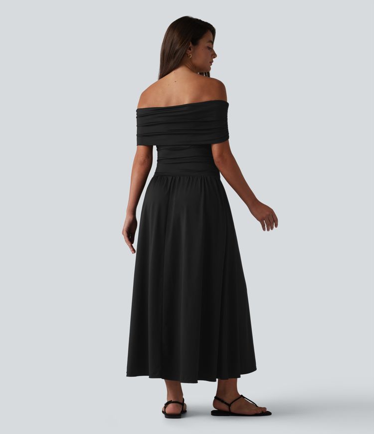 Off-shoulder Tummy Control Ruched Built-in Bra Maxi Flowy Casual Dress