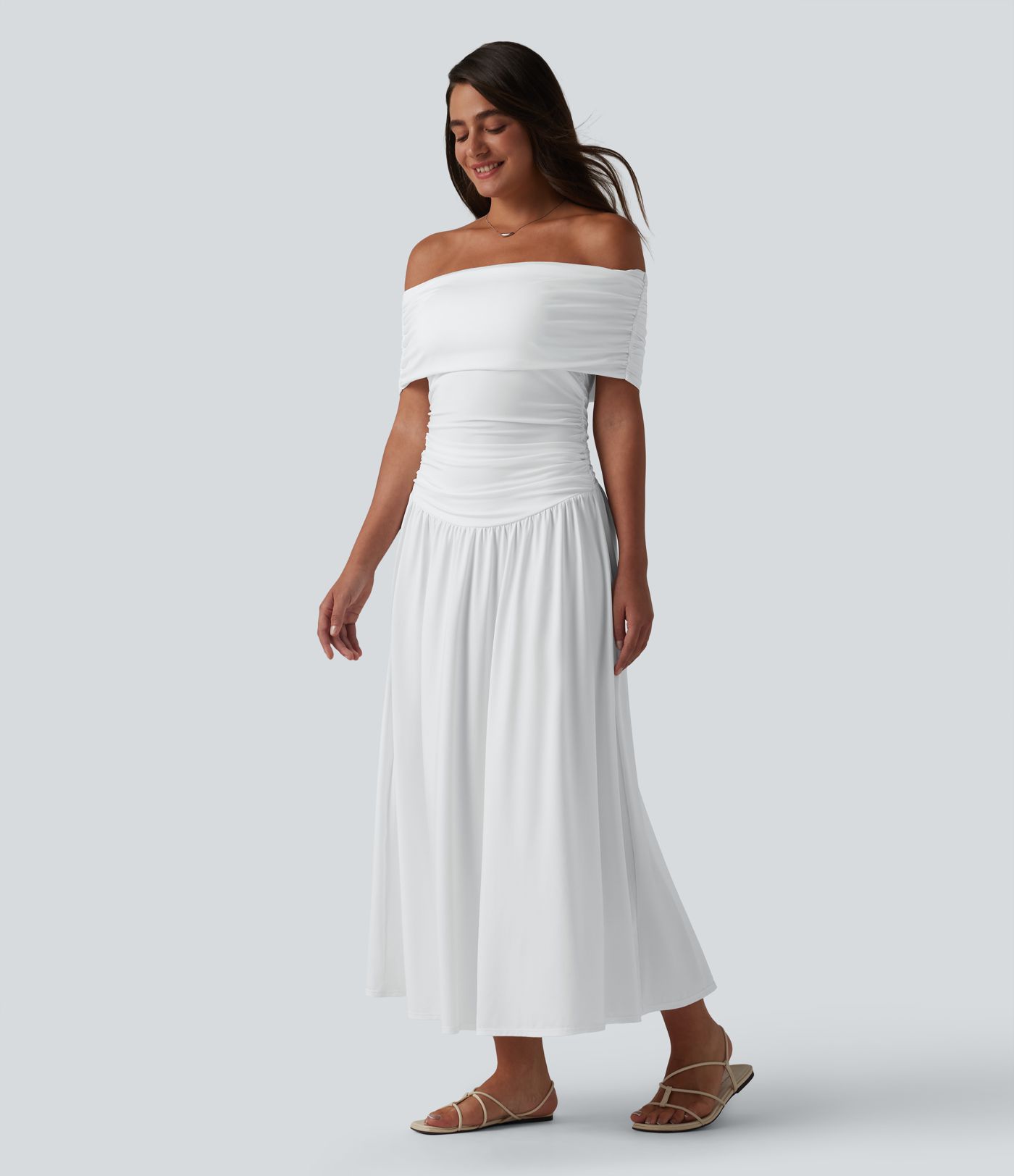 Off-shoulder Tummy Control Ruched Built-in Bra Maxi Flowy Casual Dress A-D Cups Off-shoulder Tummy Control Ruched Built-in Bra Maxi Flowy Casual Dress A-D Cups