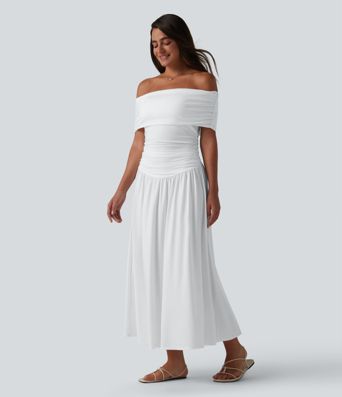 Off-shoulder Tummy Control Ruched Built-in Bra Maxi Flowy Casual Dress A-D Cups Off-shoulder Tummy Control Ruched Built-in Bra Maxi Flowy Casual Dress A-D Cups