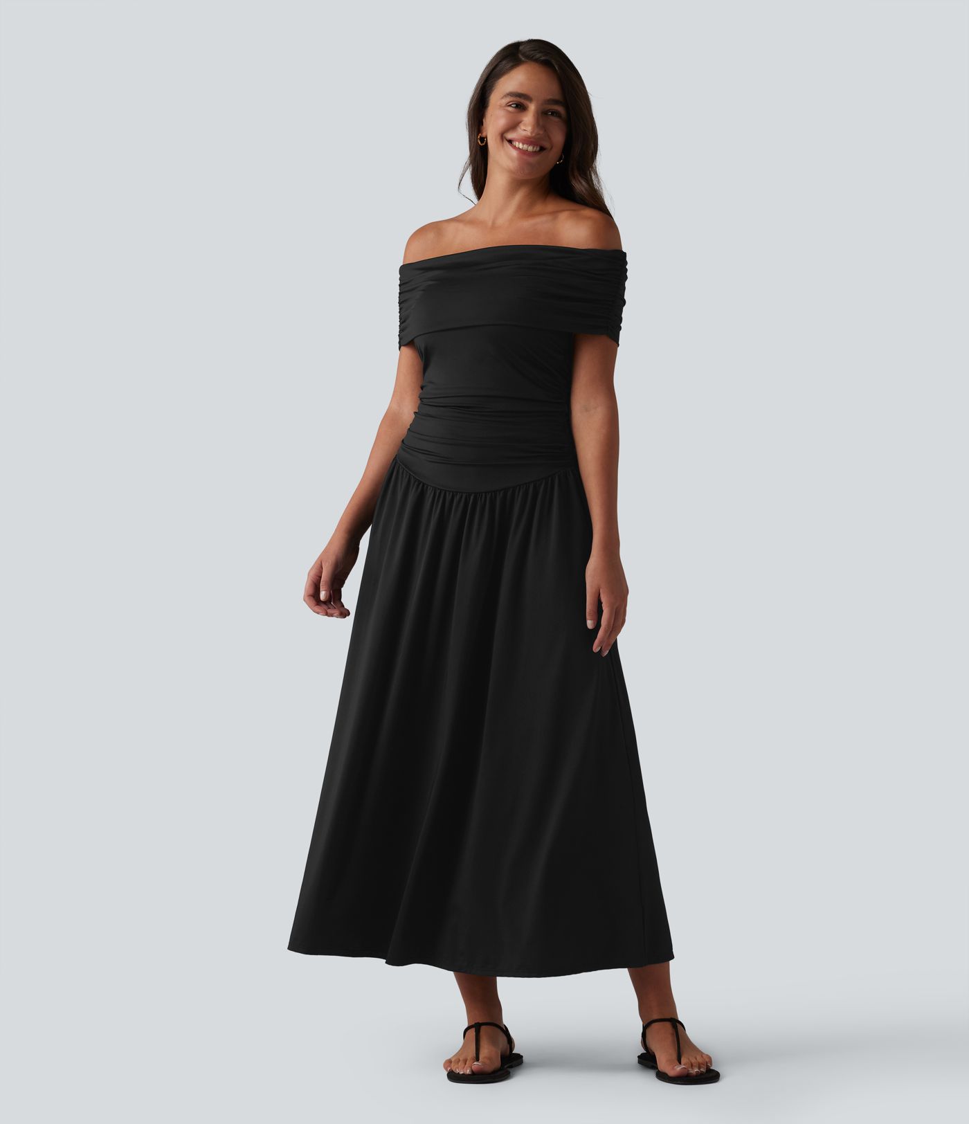 Off-shoulder Tummy Control Ruched Built-in Bra Maxi Flowy Casual Dress