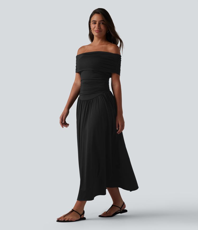 Off-shoulder Tummy Control Ruched Built-in Bra Maxi Flowy Casual Dress