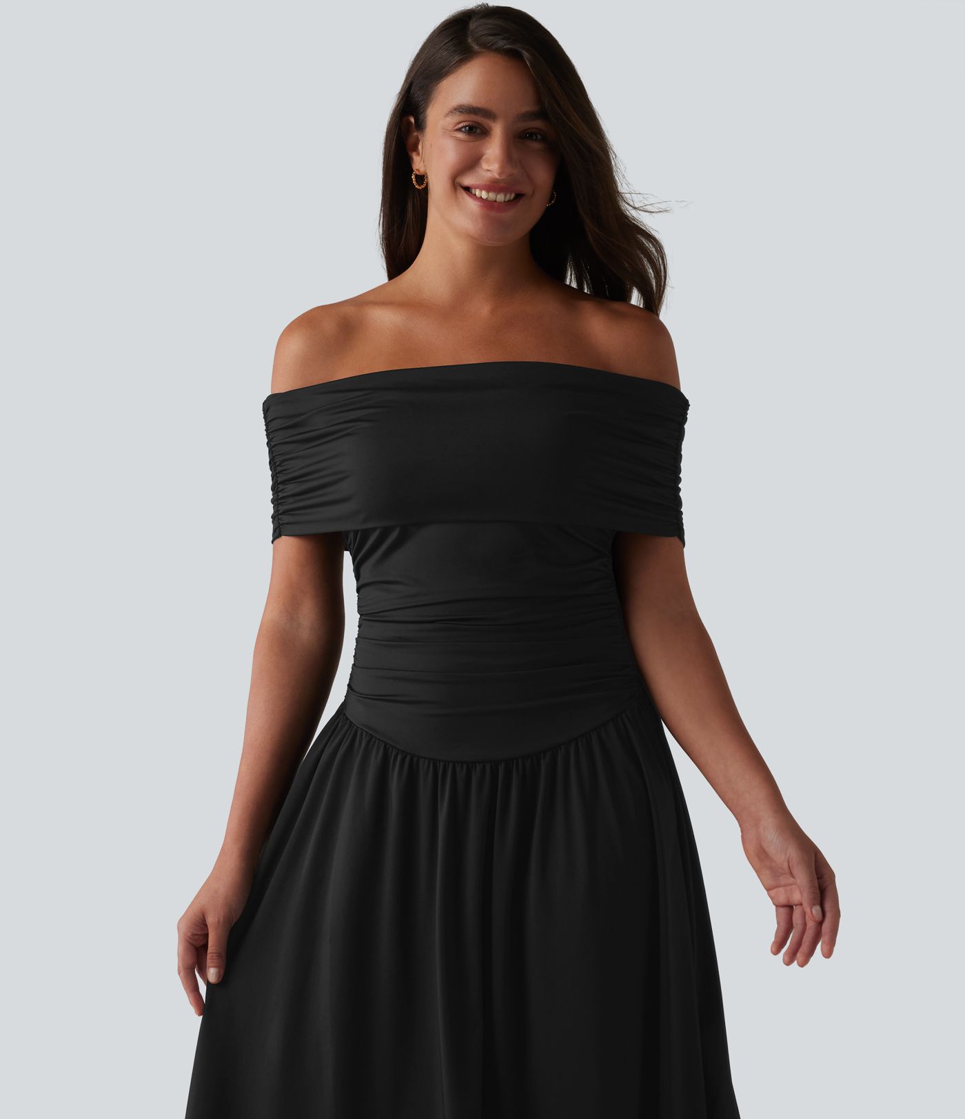 Off-shoulder Tummy Control Ruched Built-in Bra Maxi Flowy Casual Dress