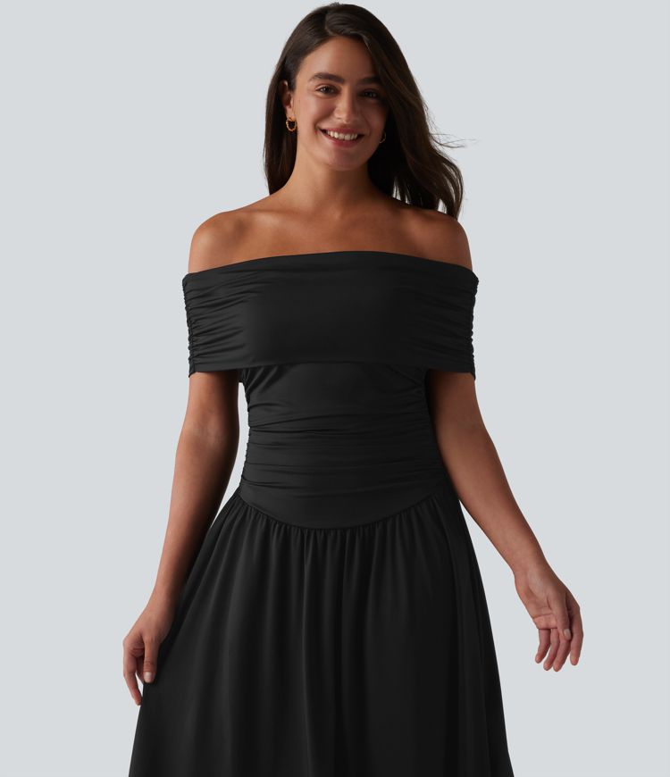 Off-shoulder Tummy Control Ruched Built-in Bra Maxi Flowy Casual Dress