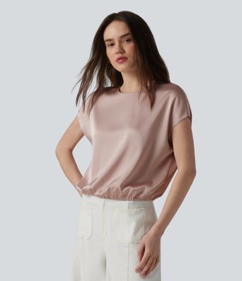 Round Neck Keyhole Back Cap Sleeve Satin Work Top