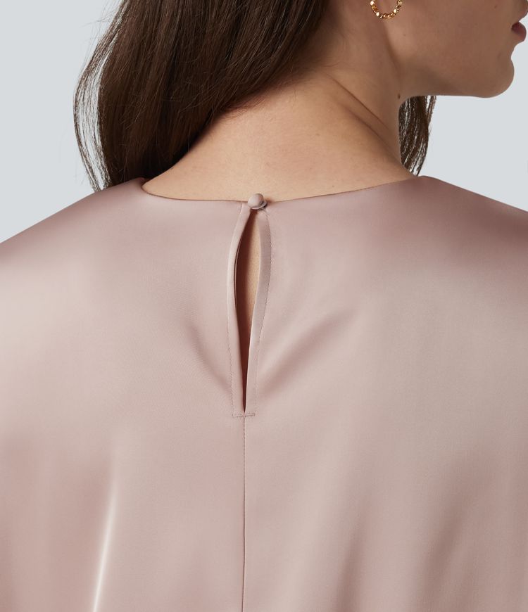 Round Neck Keyhole Back Cap Sleeve Satin Work Top