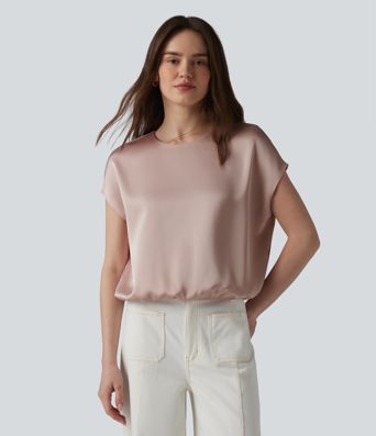 Round Neck Keyhole Back Cap Sleeve Satin Work Top