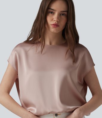 Round Neck Keyhole Back Cap Sleeve Satin Work Top