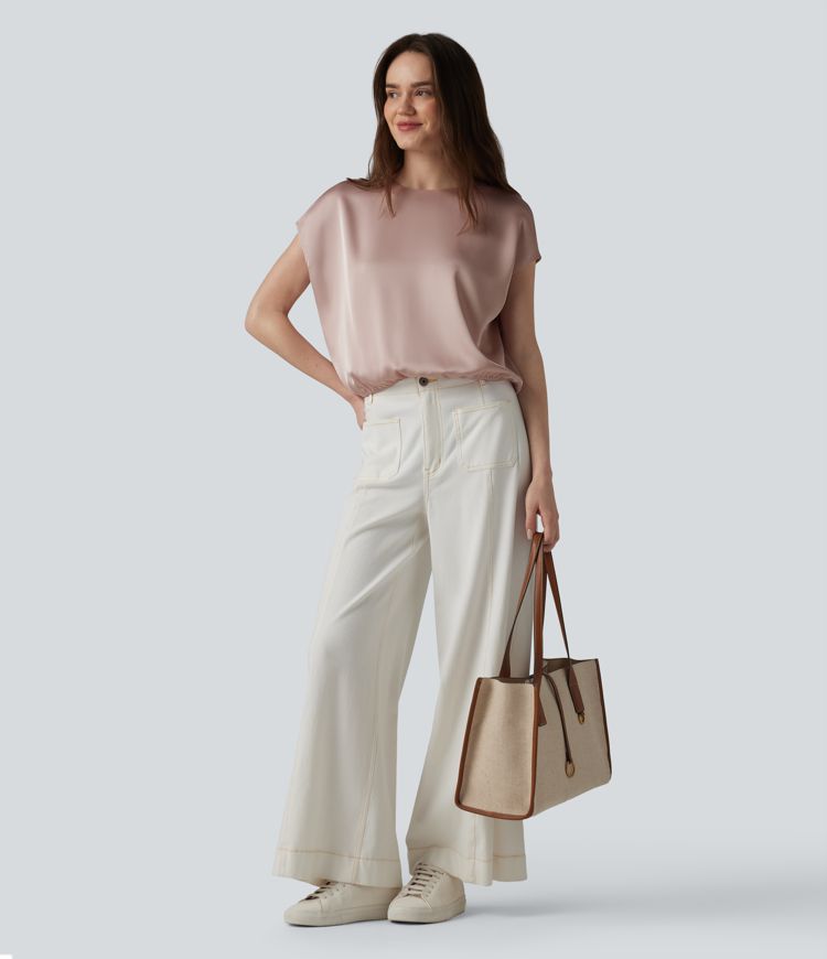 Round Neck Keyhole Back Cap Sleeve Satin Work Top