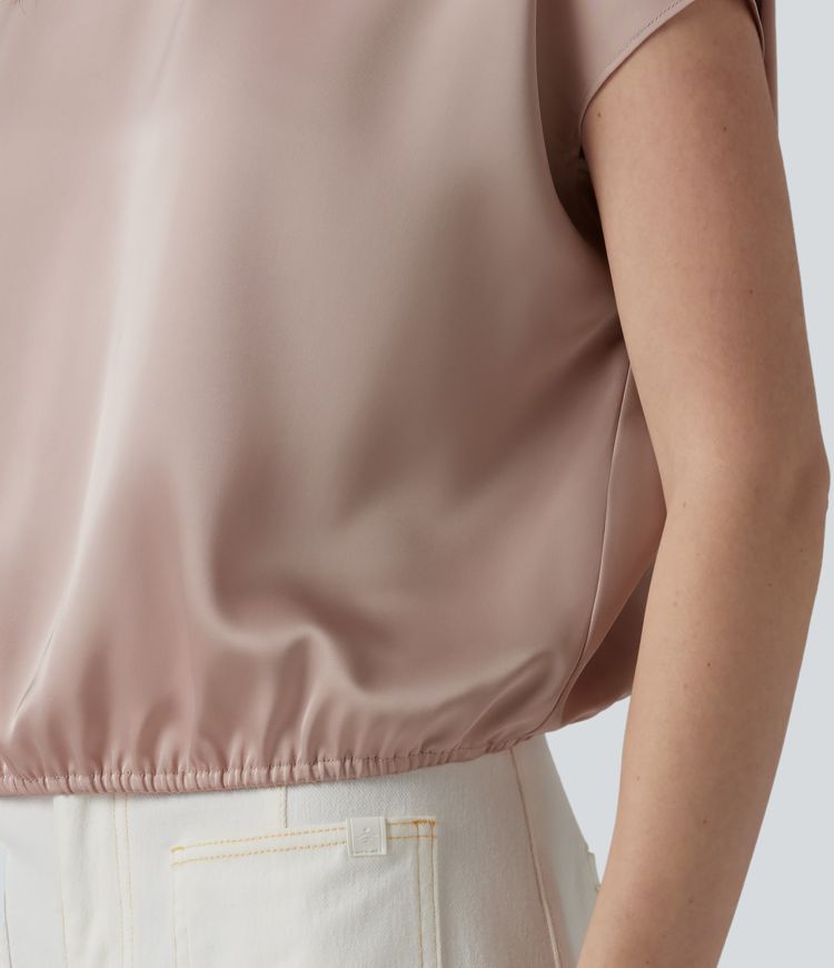 Round Neck Keyhole Back Cap Sleeve Satin Work Top