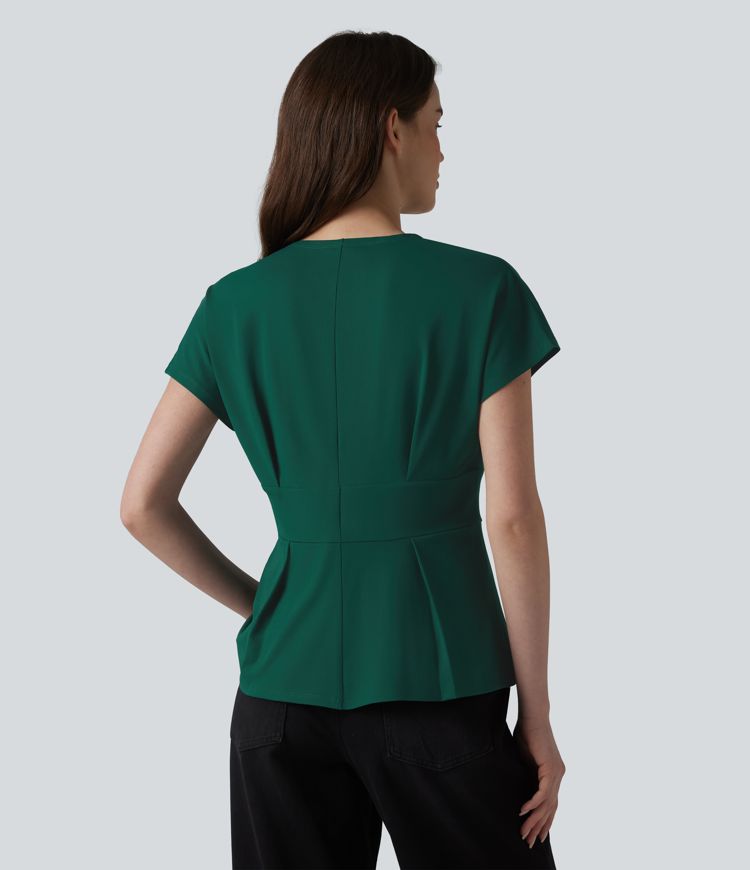 V-neck Batwing Short Sleeve Pleated Casual Peplum Top