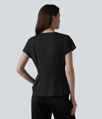 V-neck Batwing Short Sleeve Pleated Casual Peplum Top