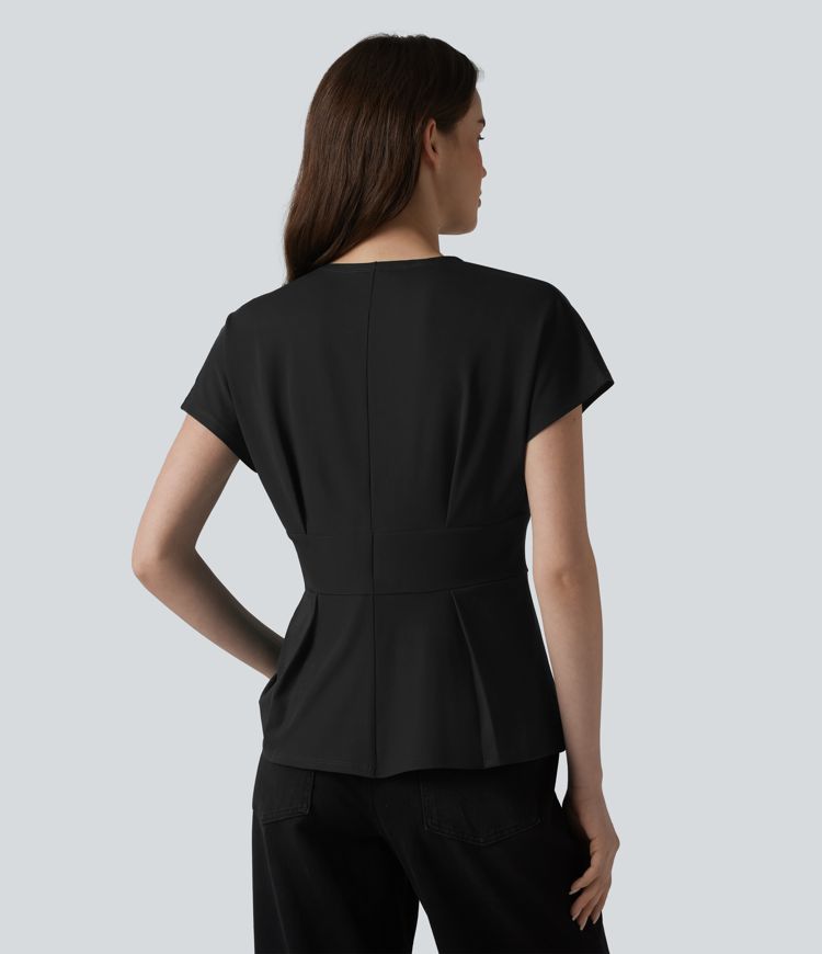 V-neck Batwing Short Sleeve Pleated Casual Peplum Top