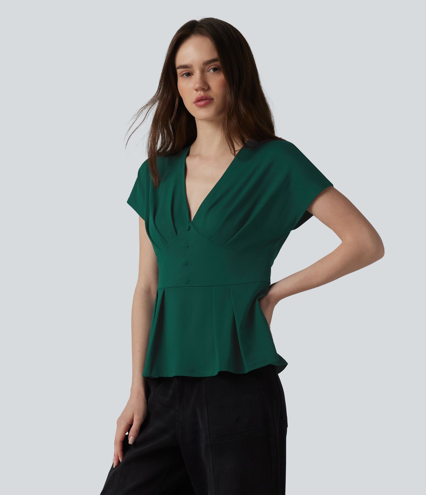 V-neck Batwing Short Sleeve Pleated Casual Peplum Top