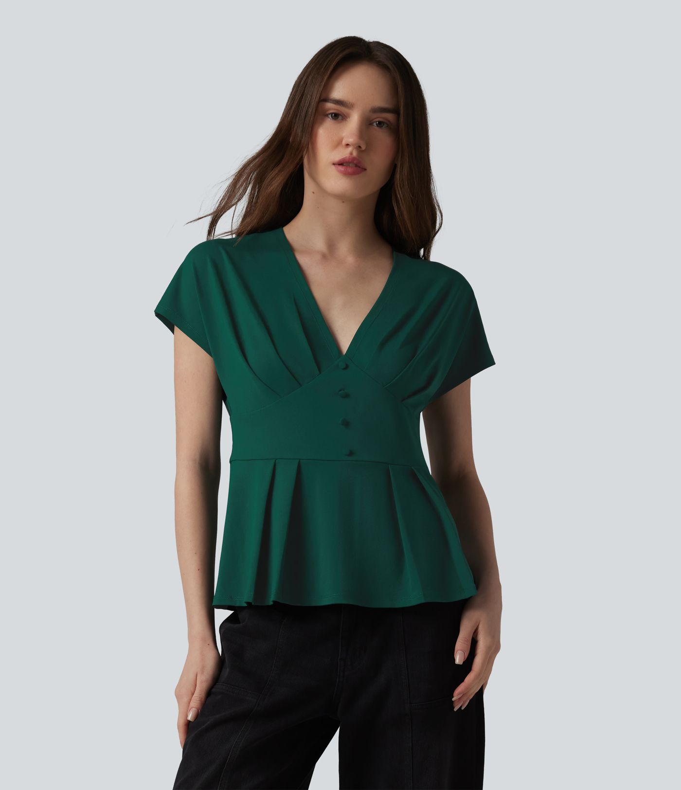 V-neck Batwing Short Sleeve Pleated Casual Peplum Top
