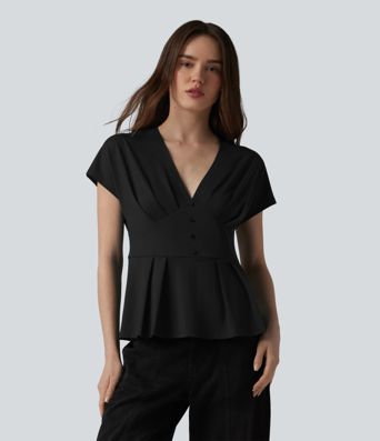 V-neck Batwing Short Sleeve Pleated Casual Peplum Top