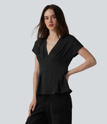 V-neck Batwing Short Sleeve Pleated Casual Peplum Top