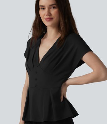 V-neck Batwing Short Sleeve Pleated Casual Peplum Top