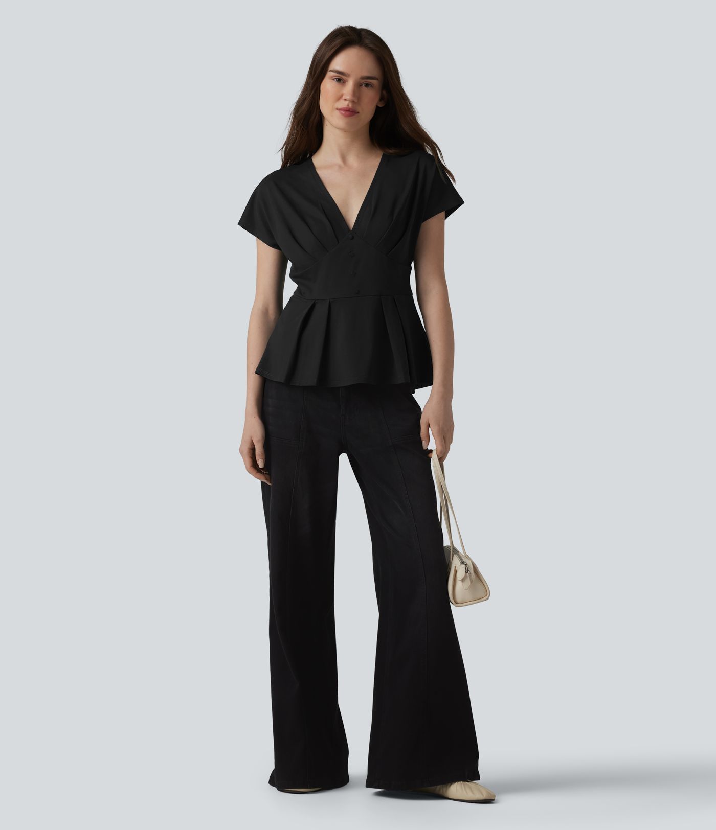 V-neck Batwing Short Sleeve Pleated Casual Peplum Top