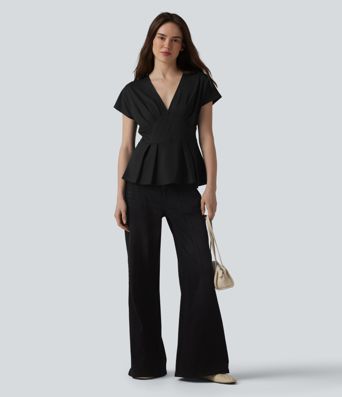 V-neck Batwing Short Sleeve Pleated Casual Peplum Top