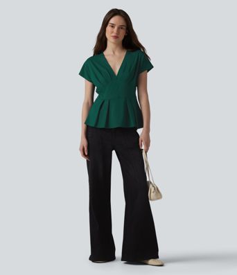 V-neck Batwing Short Sleeve Pleated Casual Peplum Top