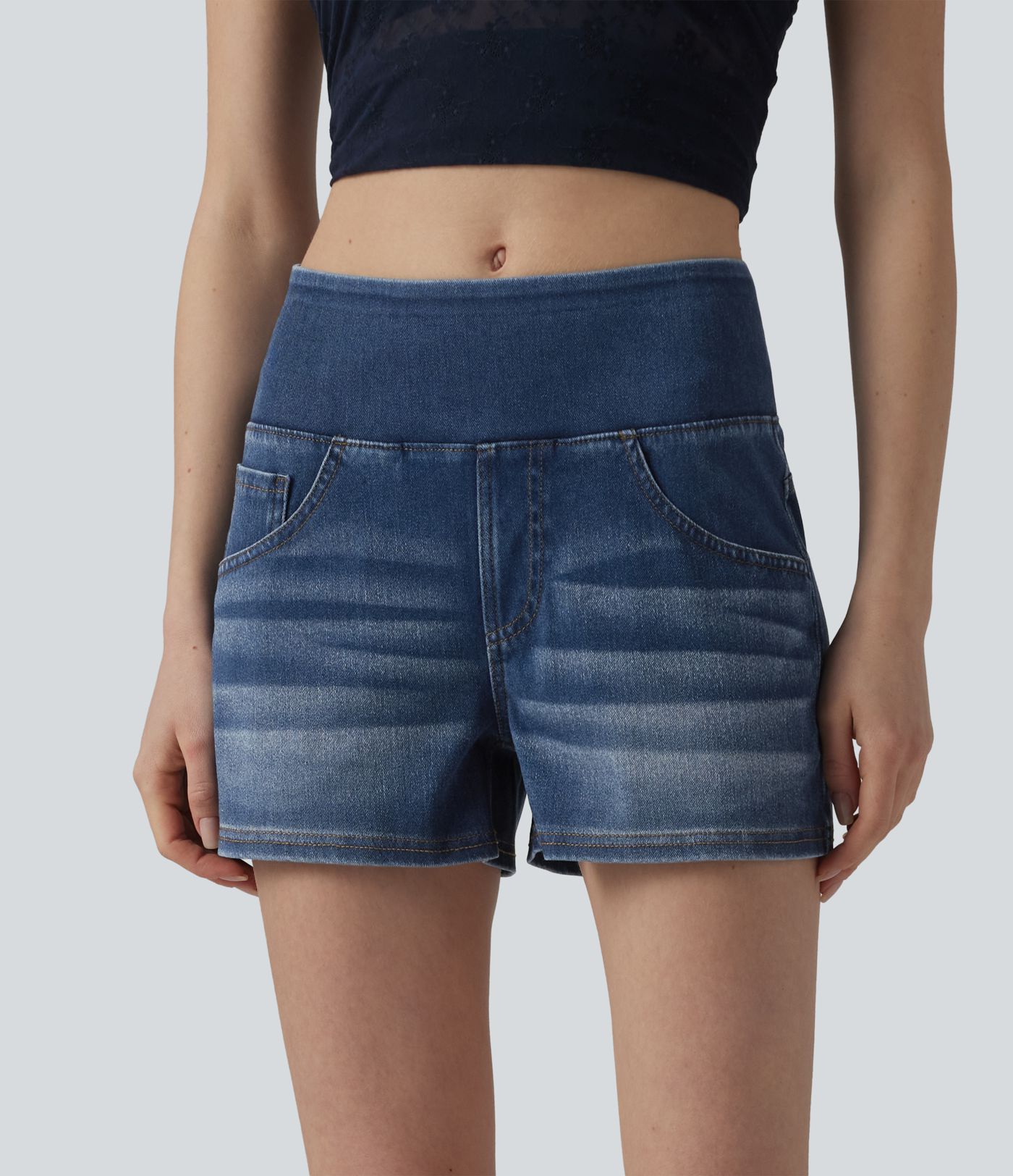 Halara Flex™ Mid Rise Draped Lyocell Washed Denim Casual Shorts 3.5'' with Pockets