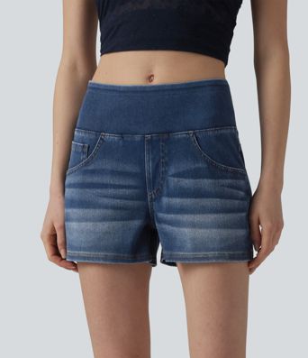 Halara Flex™ Mid Rise Draped Lyocell Washed Denim Casual Shorts 3.5'' with Pockets