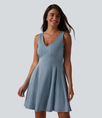 Halara Flex™ - Ausgestelltes, ärmelloses Minikleid aus verwaschenem Lyocell-Denim mit V-Ausschnitt