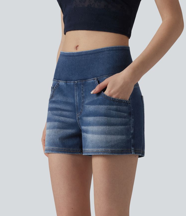 Halara Flex™ Mid Rise Draped Lyocell Washed Denim Casual Shorts 3.5'' with Pockets
