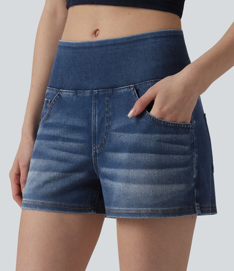 Halara Flex™ Mid Rise Draped Lyocell Washed Denim Casual Shorts 3.5'' with Pockets