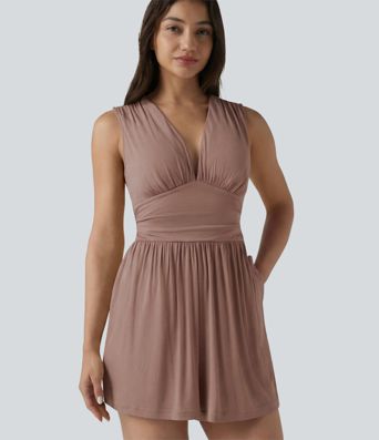 Ribbed V-neck Sleeveless Ruched Built-in Bra Casual Romper with Pockets-Easy Peezy
