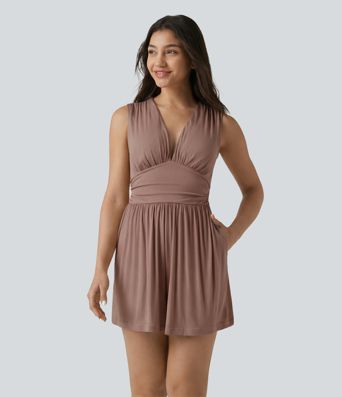 Ribbed V-neck Sleeveless Ruched Built-in Bra Casual Romper with Pockets-Easy Peezy