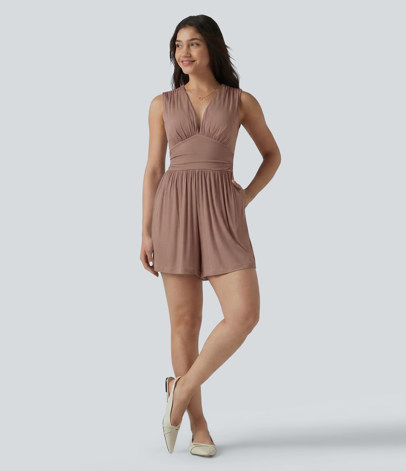 Ribbed V-neck Sleeveless Ruched Built-in Bra Casual Romper with Pockets-Easy Peezy