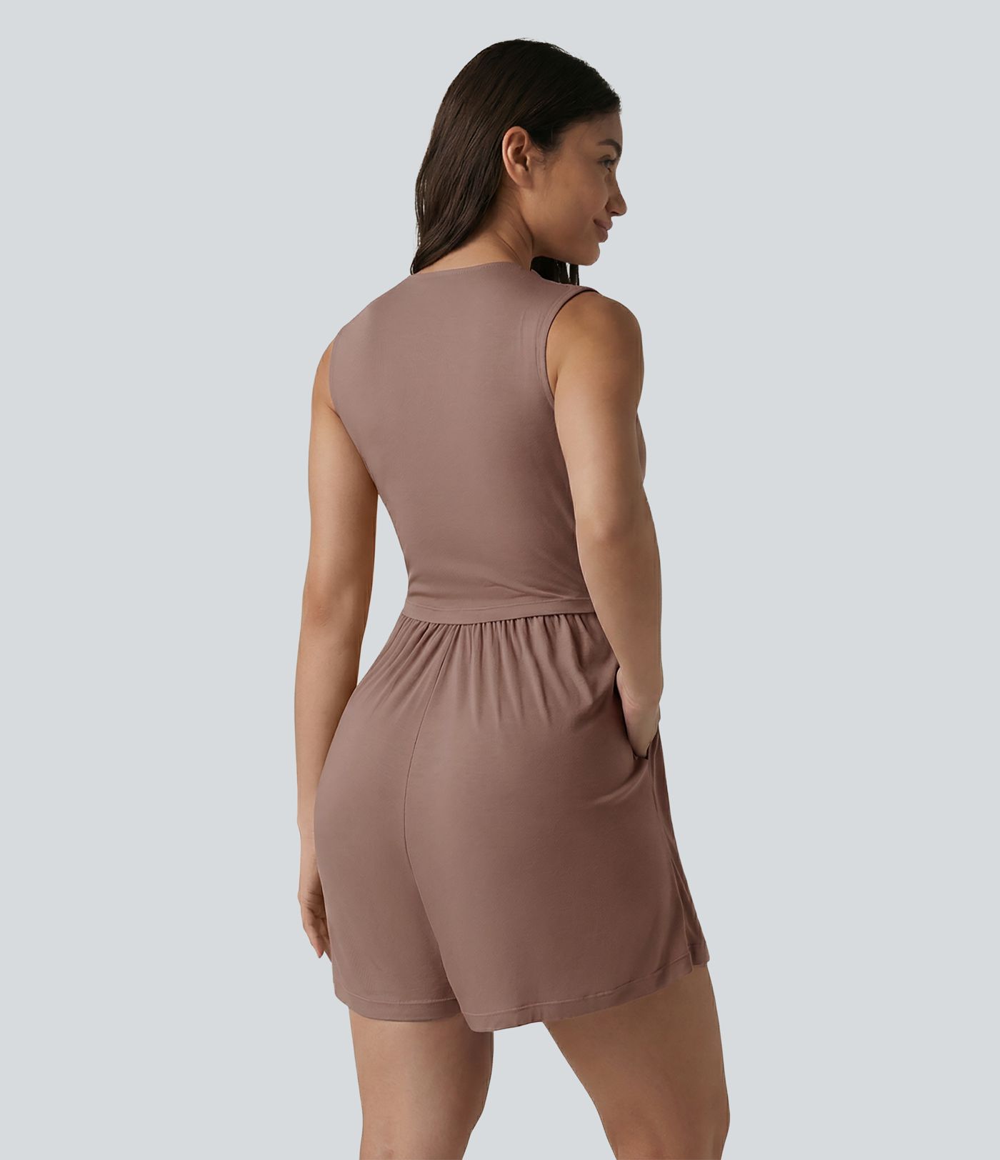 Ribbed V-neck Sleeveless Ruched Built-in Bra Casual Romper with Pockets-Easy Peezy