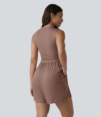 Ribbed V-neck Sleeveless Ruched Built-in Bra Casual Romper with Pockets-Easy Peezy