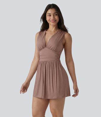 Ribbed V-neck Sleeveless Ruched Built-in Bra Casual Romper with Pockets-Easy Peezy