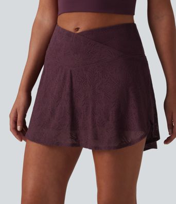 Crossover High Waisted 2-in-1 Lace Mini Dance Skirt with Pockets