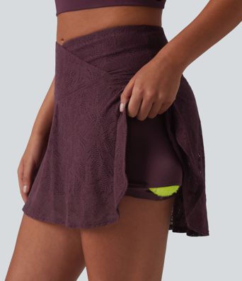 Crossover High Waisted 2-in-1 Lace Mini Dance Skirt with Pockets