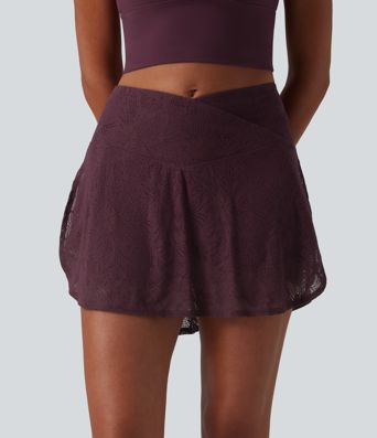 Crossover High Waisted 2-in-1 Lace Mini Dance Skirt with Pockets