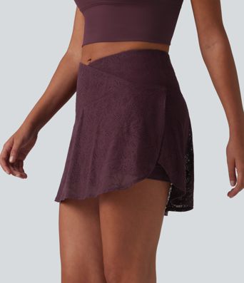 Crossover High Waisted 2-in-1 Lace Mini Dance Skirt with Pockets