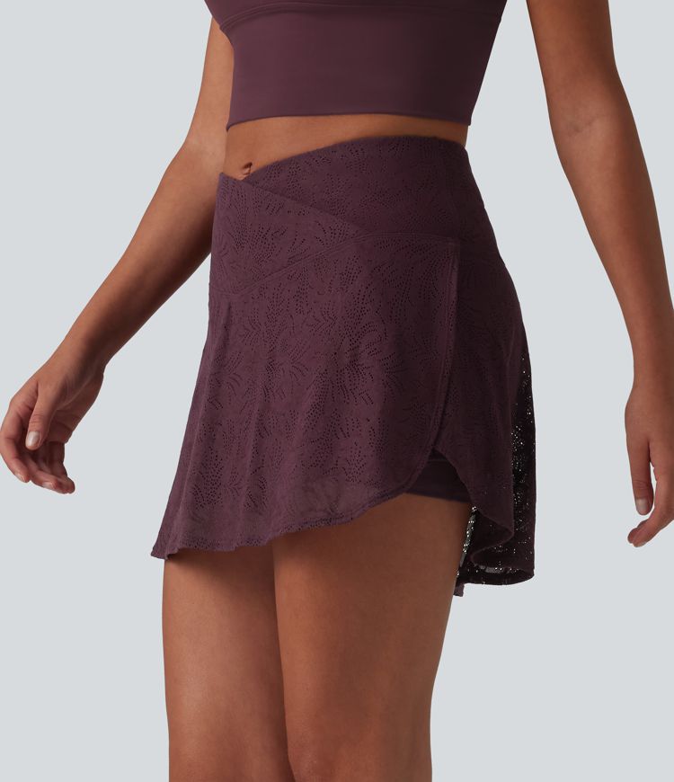 Crossover High Waisted 2-in-1 Lace Mini Dance Skirt with Pockets