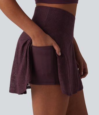 Crossover High Waisted 2-in-1 Lace Mini Dance Skirt with Pockets