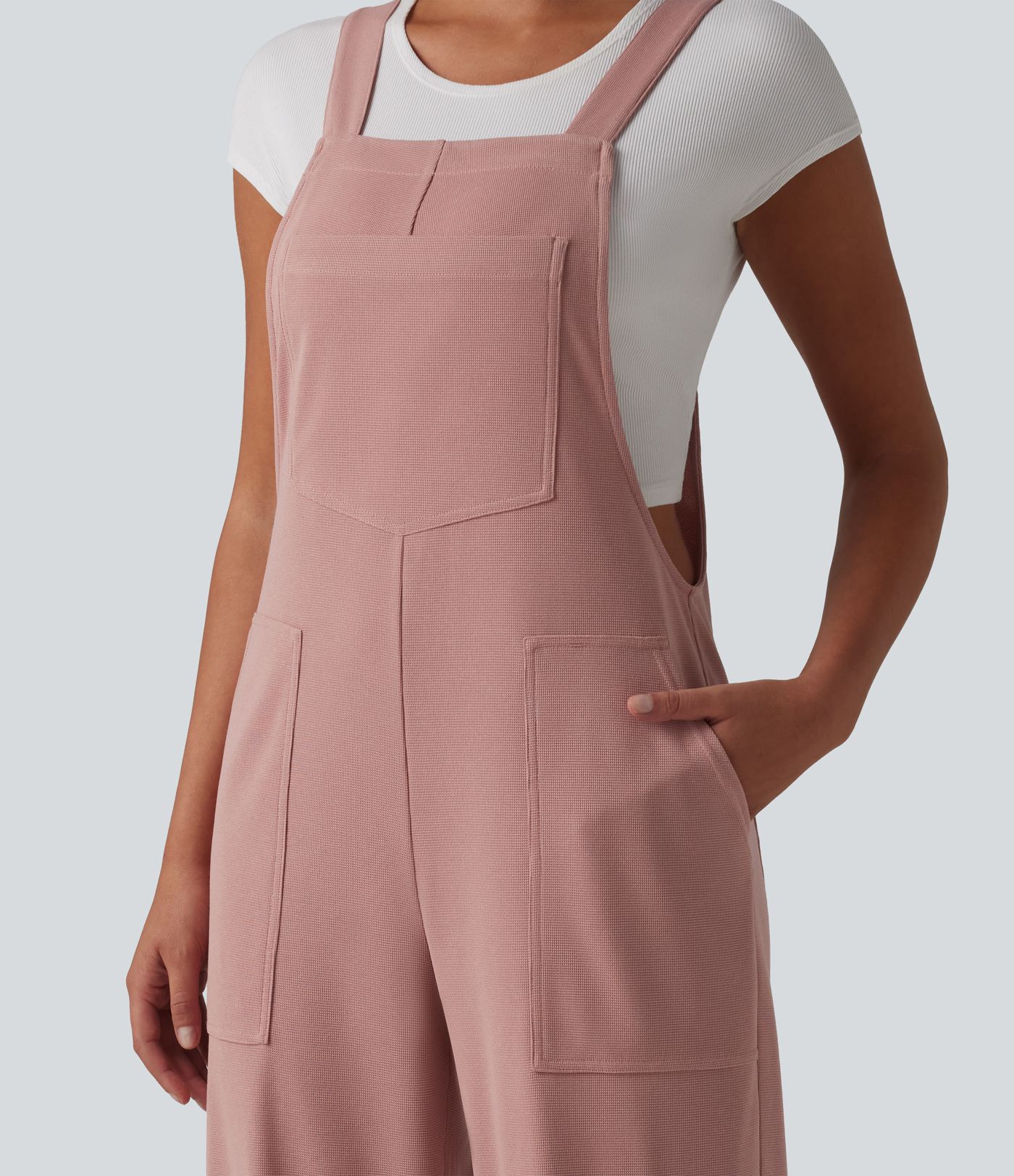 Square Neck Waffle Casual Tapered Overalls with Pockets