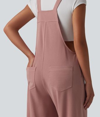 Square Neck Waffle Casual Tapered Overalls with Pockets