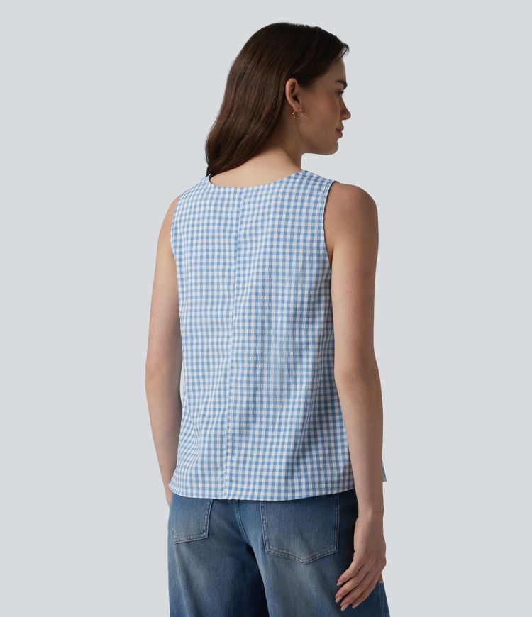 Round Neck Crinkle Gingham Casual Tank Top with Pockets