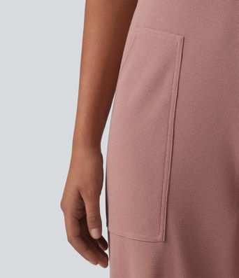 Square Neck Waffle Casual Tapered Overalls with Pockets